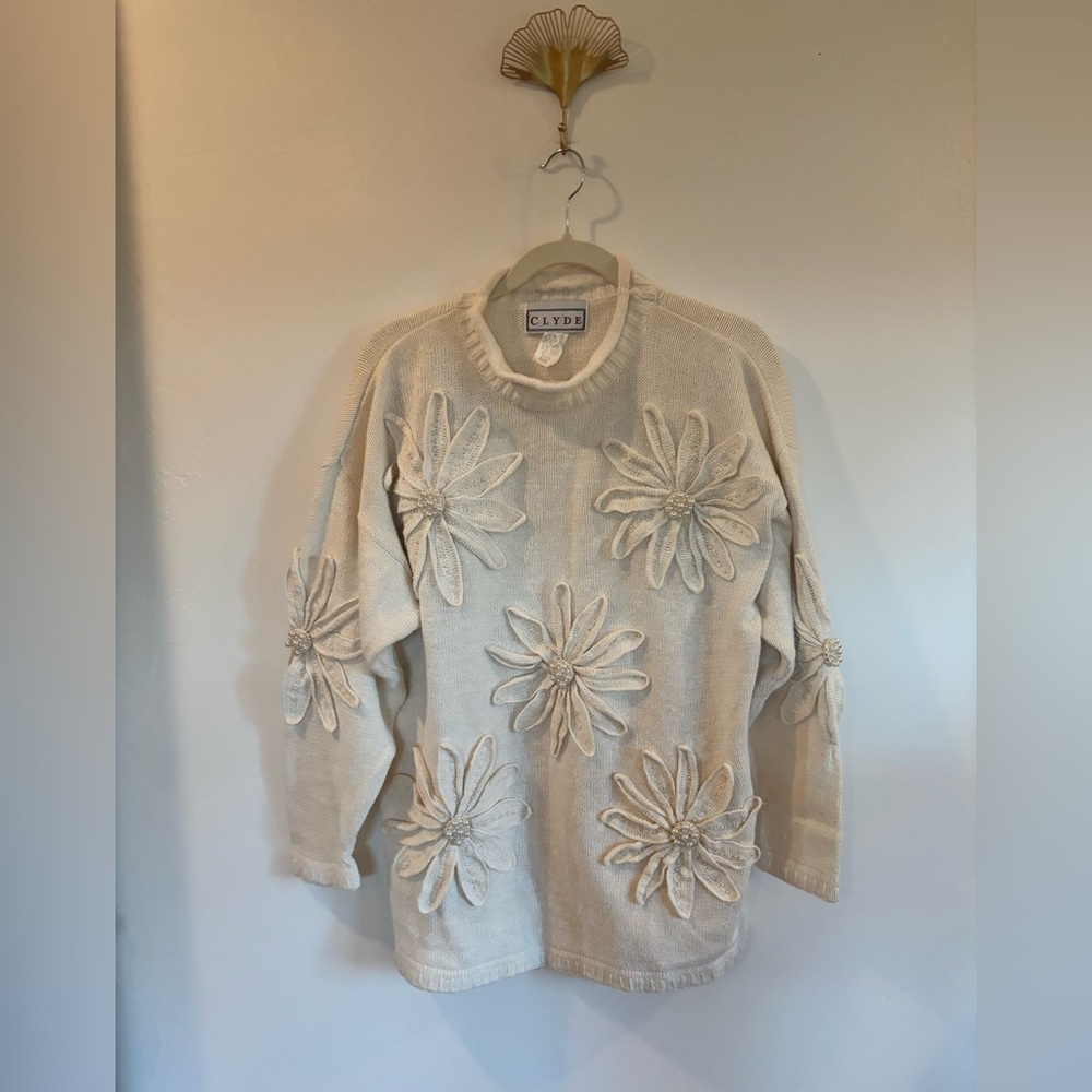 CLYDE Vintage Cream 3D Floral Embellished Sweater w/ Pearl Centers | A8